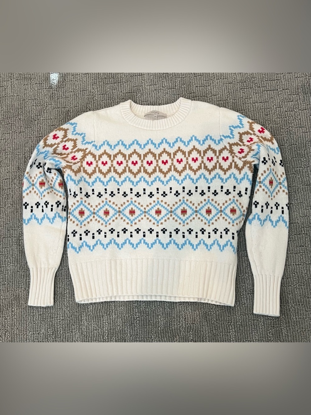 LOFT Cream Fair Isle Crew Sweater with Blue, Brown & Red Accents